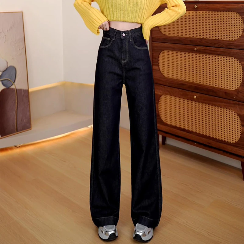 加绒保暖高腰修身显瘦百搭牛仔裤女2024冬季新款垂感阔腿裤