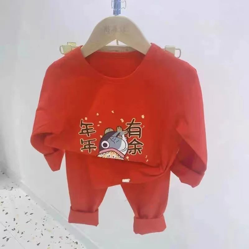 儿童大红舒绒高腰套装纯棉红色