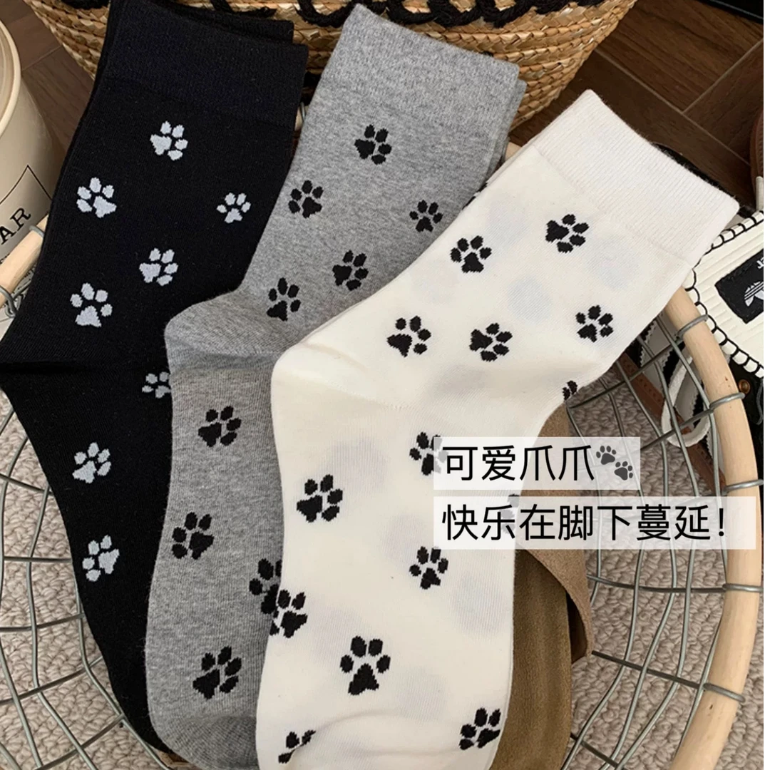 袜子女韩系ins时尚设计小狗爪印四季中筒袜ins学院风可爱个性潮流