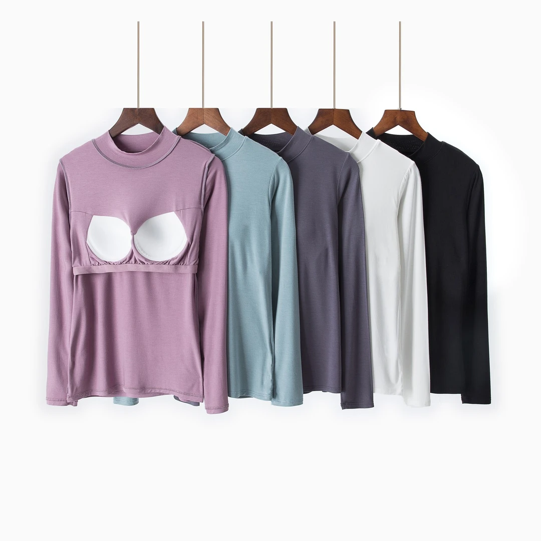 女春秋带胸垫圆领长袖T恤高领打底衫外穿内搭薄款保暖纯色休闲