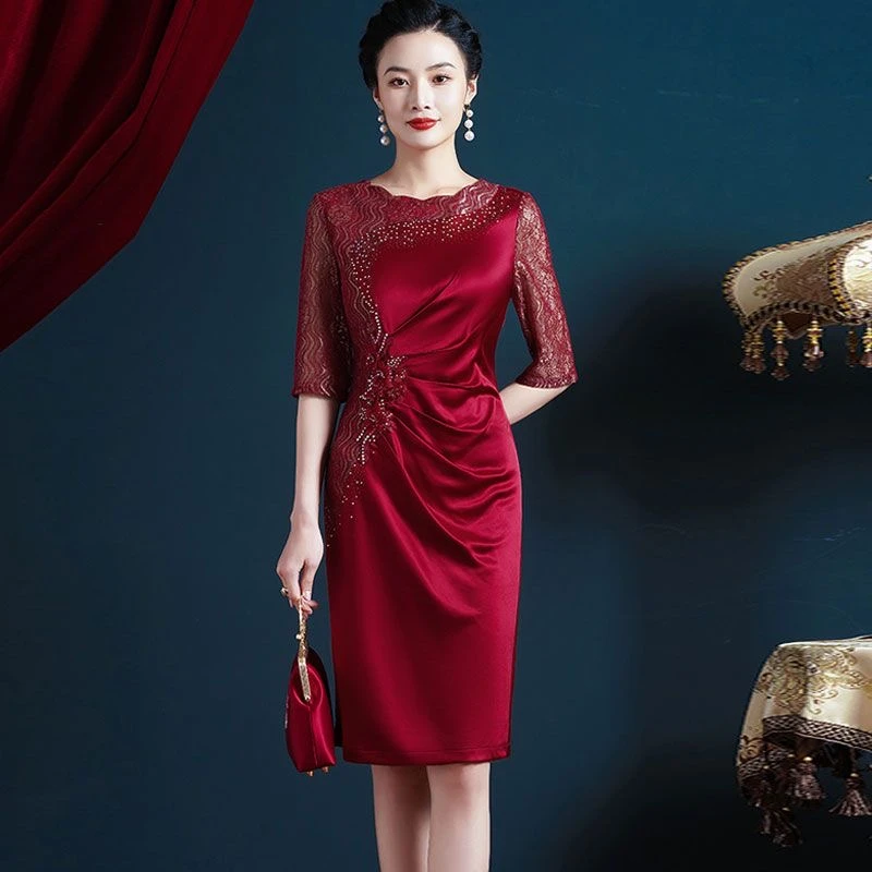 夏季醋酸旗袍中长款高档婚宴妈妈装年轻婚礼服遮肚高贵新款连衣