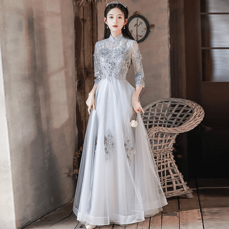 dafeina/达菲娜 中国风旗袍订婚礼服女2023新款秋季年会主持人迎宾礼仪晚礼服艺考