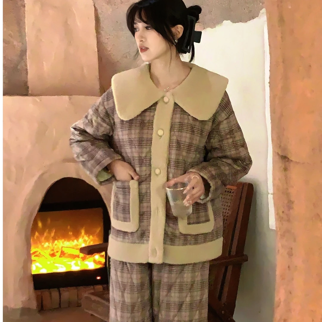 百家亲保暖三层夹棉冬季睡衣女加厚加绒甜美可爱格子可外穿家居服