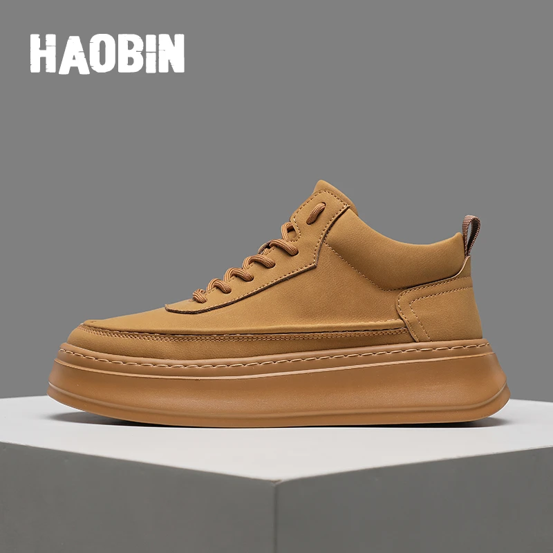 浩宾男鞋2025新款春季高帮增高板鞋休闲厚底工装大黄马丁皮鞋