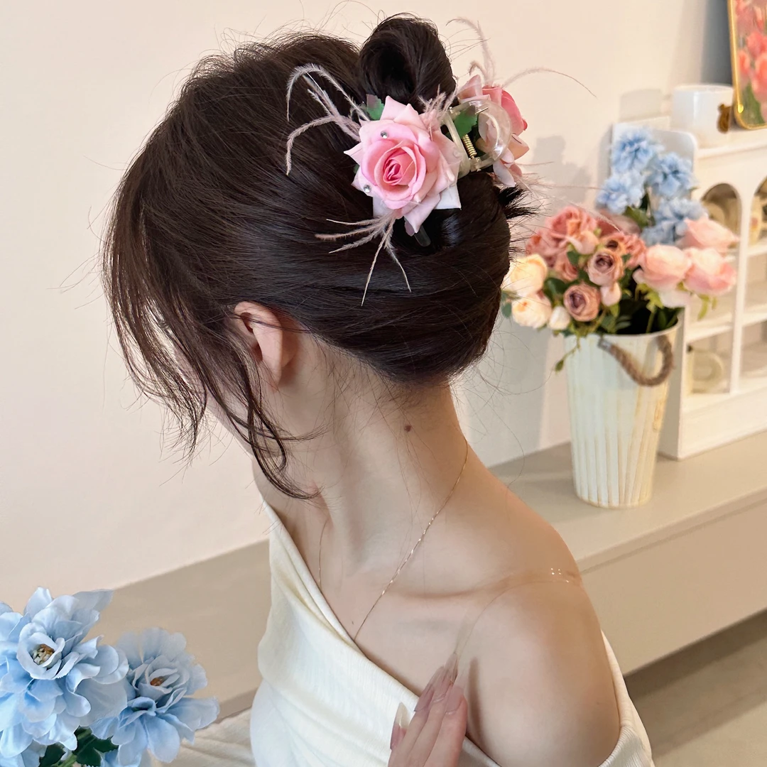 纯欲仙子  粉色花朵羽毛发夹鸭嘴夹超仙发卡拍照后脑勺侧边夹子女