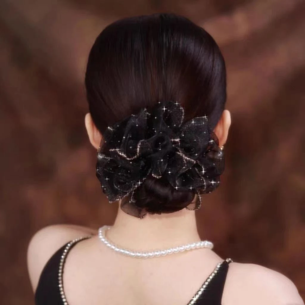 2024爆款洋气黑色蓬松发绳女新款花苞头绳高弹力大肠发圈皮筋头饰