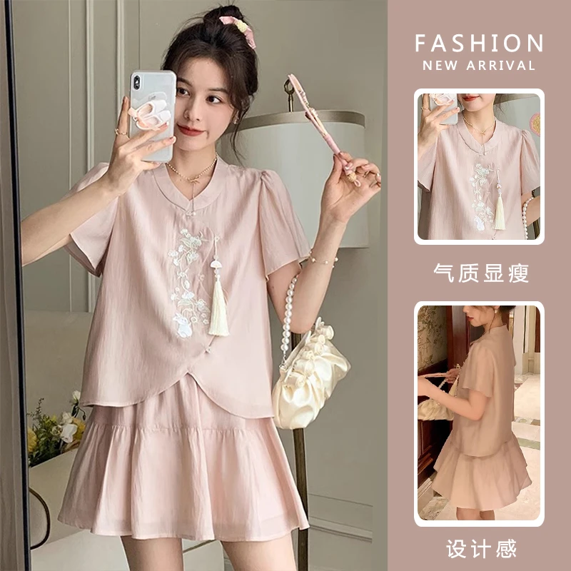 孕妇套装时尚短袖薄款设计感中国风上衣衬衣半身短裙两件套女8918