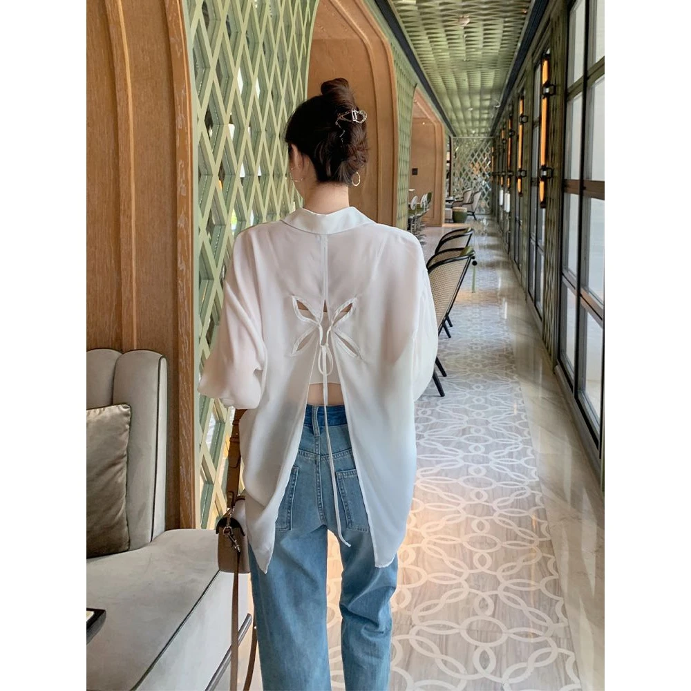 蝴蝶骨美人衬衫雪纺法式浪漫镂空衬衣防晒衣女