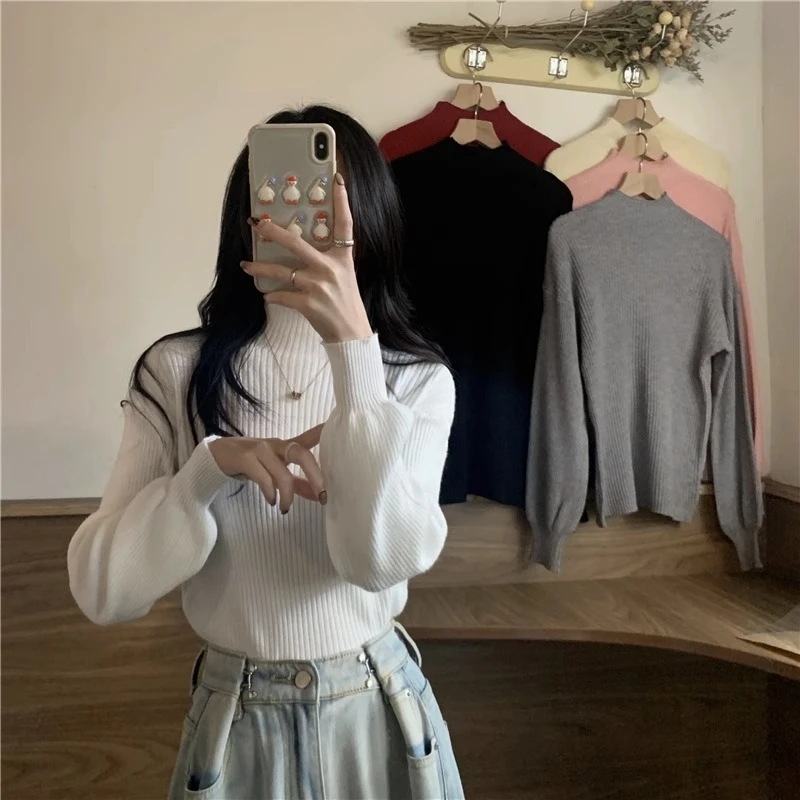 黑色毛衣女秋冬2023新款打底灯笼袖半高领针织衫修身内搭长袖上衣