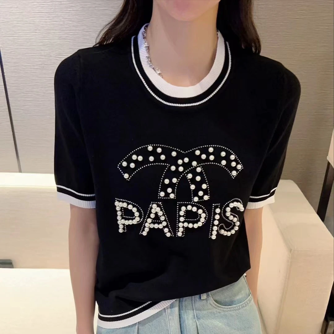 小香风重工钉珠烫钻夏季冰丝短袖T恤女针织衫宽松大码上衣r226681