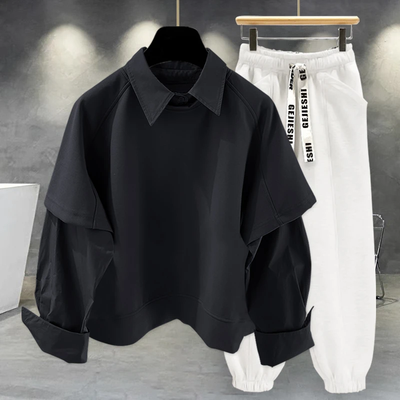 潮牌男装套装秋季新款时尚潮流假两件长袖翻领卫衣搭配休闲工装裤