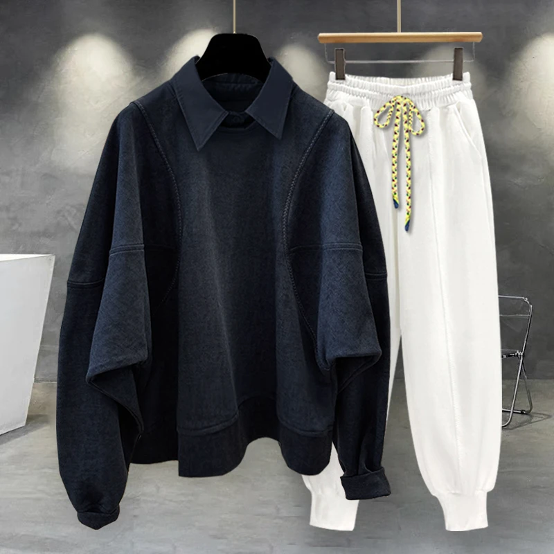 潮牌男装套装秋季新款麂皮绒假两件蝙蝠袖翻领卫衣搭配休闲运动裤