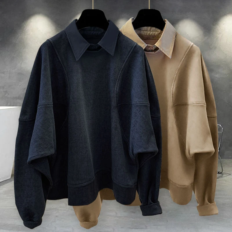 高级感痞帅男装蝙蝠袖翻领卫衣男秋冬季潮牌时尚男士套头长袖上衣