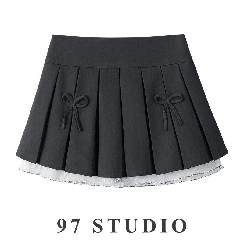 【现货】高腰百褶裙半身裙女夏季设计蝴蝶结A字裙辣妹蕾丝花边短裙