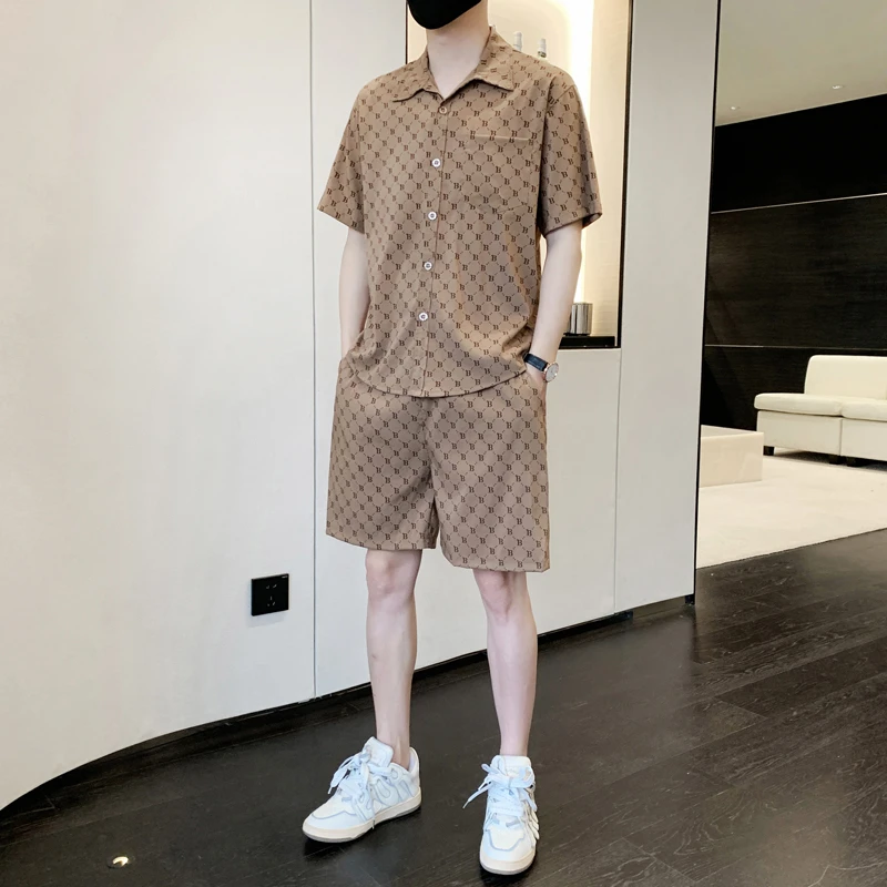 2025夏季短袖衬衫男士休闲运动套装冰丝短裤潮流宽松痞帅一套衣服