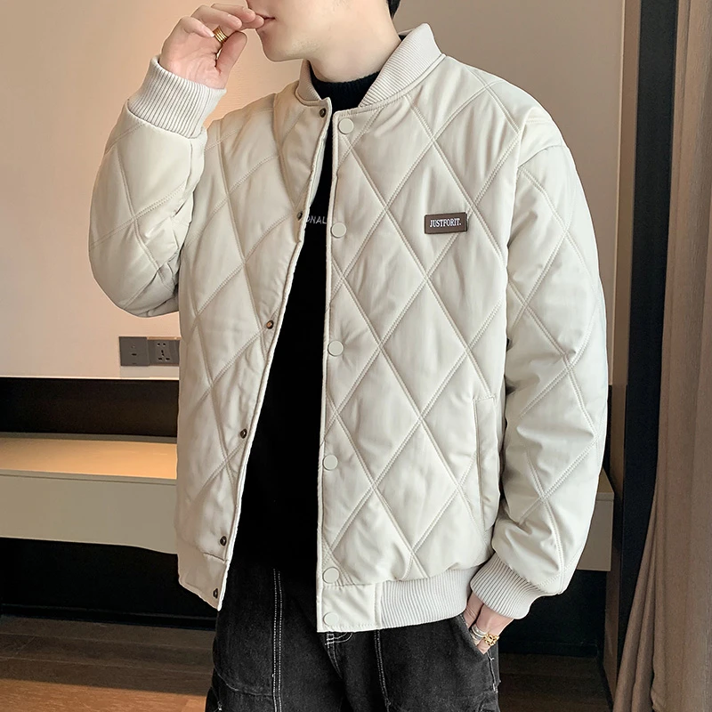 加绒加厚外套男冬季棉服2023新款棒球服棉衣秋冬款棉袄菱形格冬装