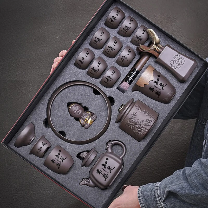 紫砂高档纯手工刻字茶具家用中式大容量简约陶瓷茶壶整套礼盒装