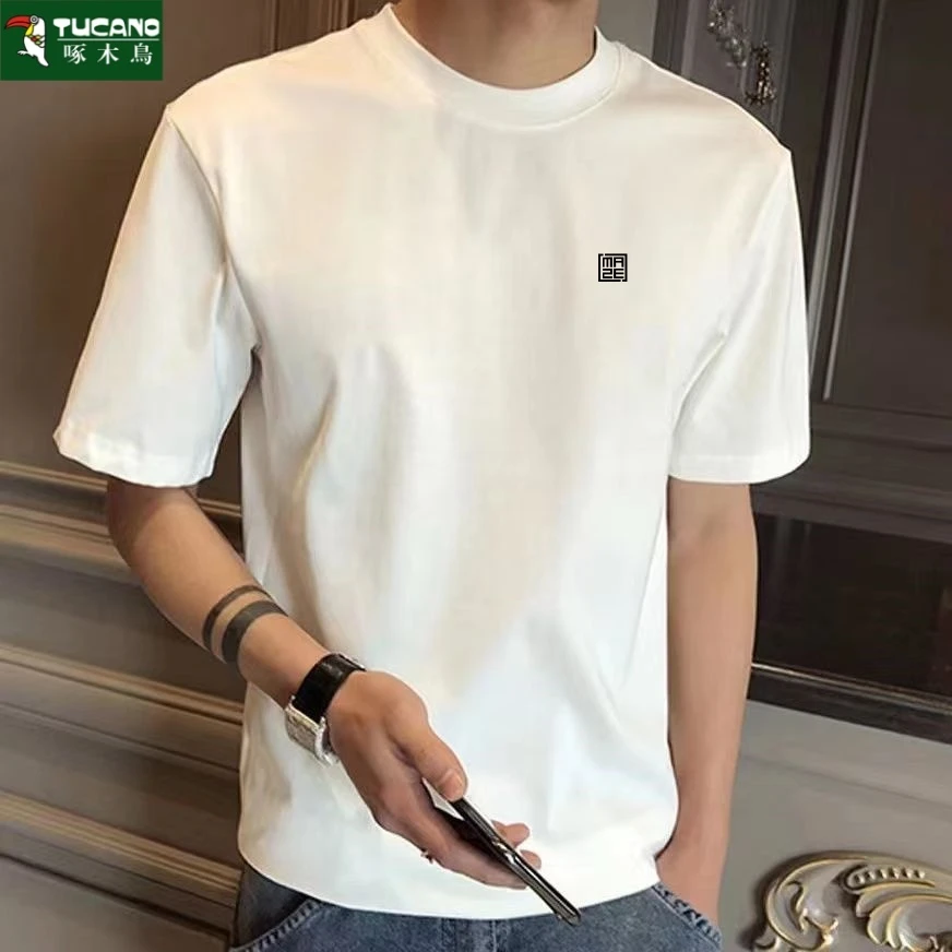 啄木鸟纯棉短袖t恤男士夏季2025新款宽松圆领休闲学生套头上衣服T