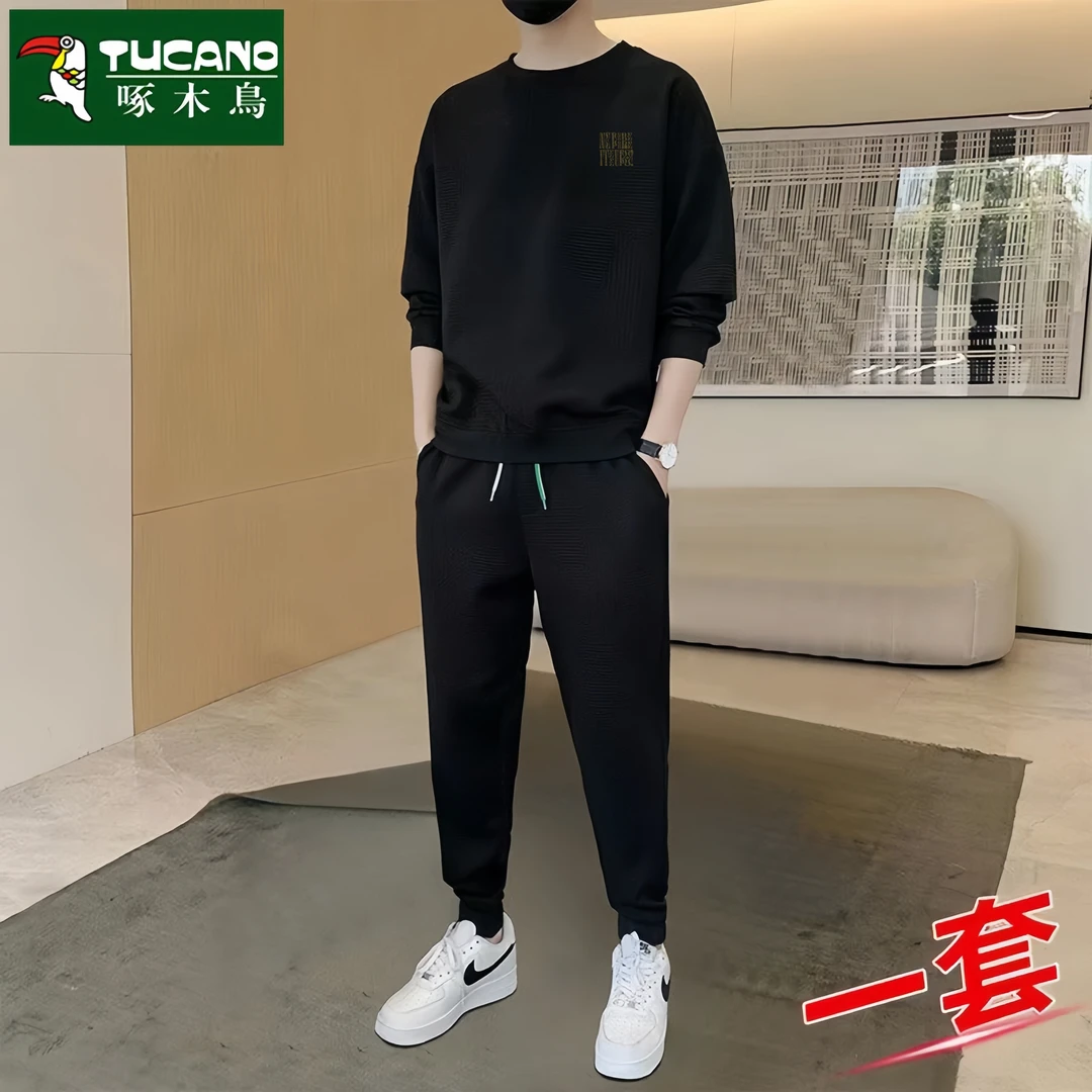 啄木鸟秋冬休闲圆领运动套装男士宽松卫衣百搭两件套加绒加厚男装