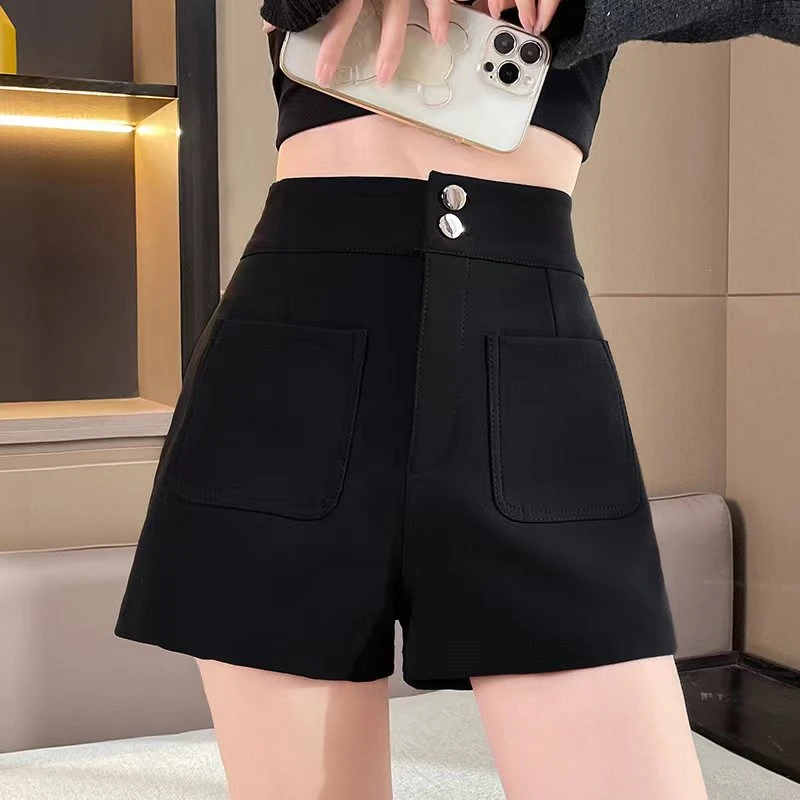 9176-黑色短裤女修身夏季时尚百搭外穿辣妹高腰显瘦小个子直筒裤