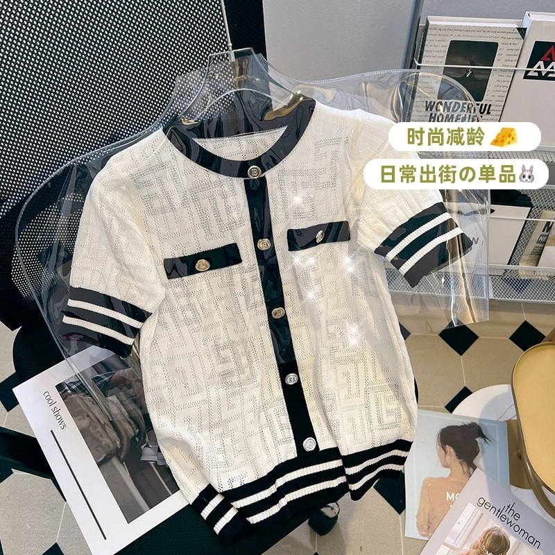 T707镂空圆领艾格打底衫白色显瘦针织衫小香风针织衫洋气撞色时尚