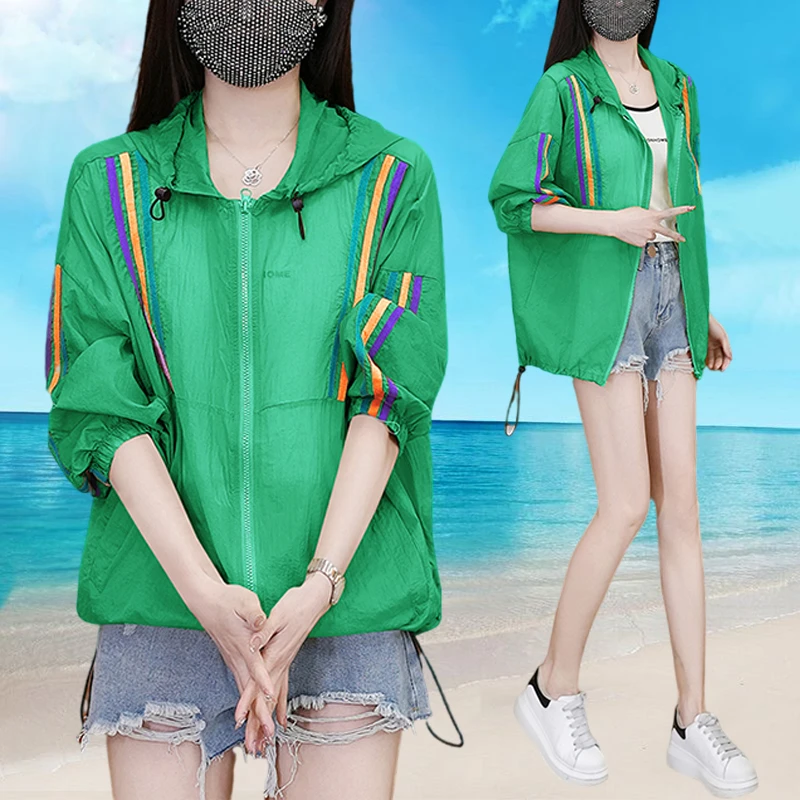 【现货】2025夏季新款潮牌防晒衣女薄款透气宽松休闲百搭条纹上衣