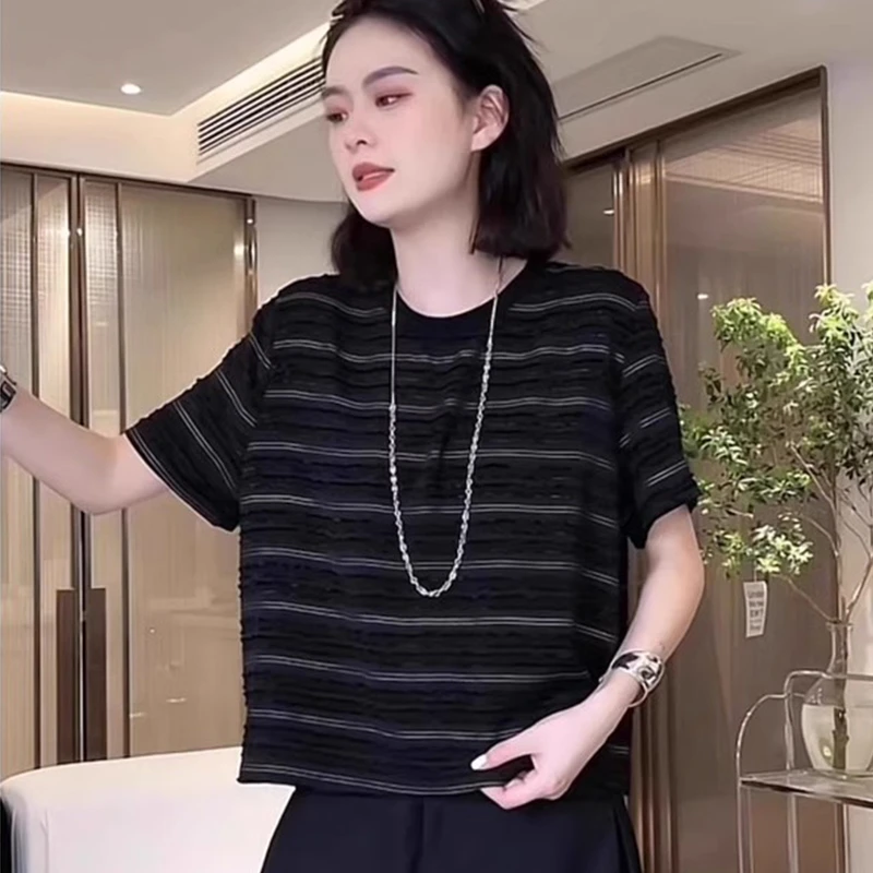 圆领气质正肩短袖条纹拼色宽松百搭打底衫时尚简约休闲t恤上衣女