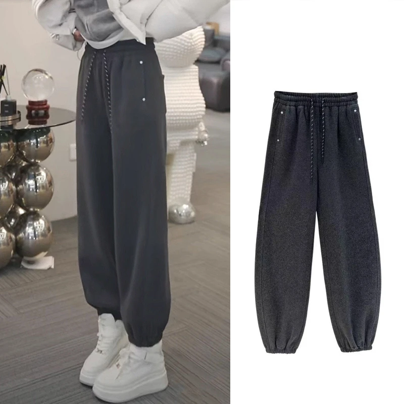 宽松显瘦加厚休闲裤女士2024冬季新款时尚百搭裤子洋气显瘦束脚裤