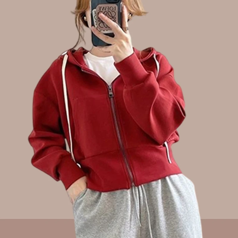 2024春秋季新款长袖卫衣外套女士休闲时尚小个子拉链连帽开衫上衣