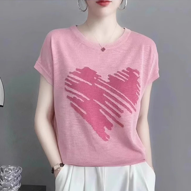 爱心印花短袖T恤女夏2025新款网红洋气炸街女装轻薄时尚圆领上衣