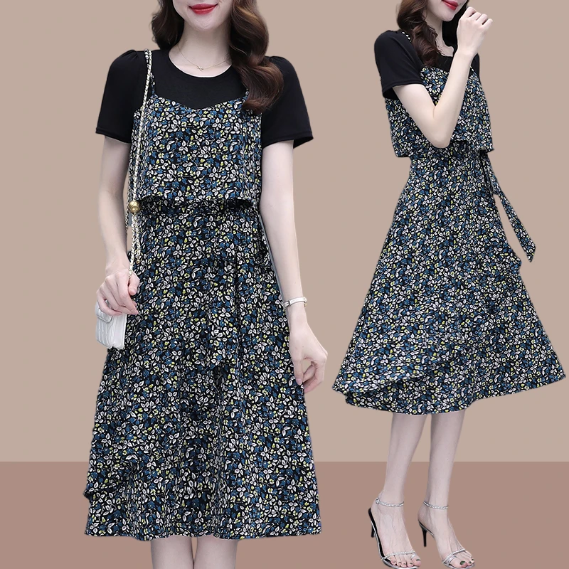 2025夏季新品优雅绑带不规则碎花假两件连衣裙气质减龄圆领遮肚女