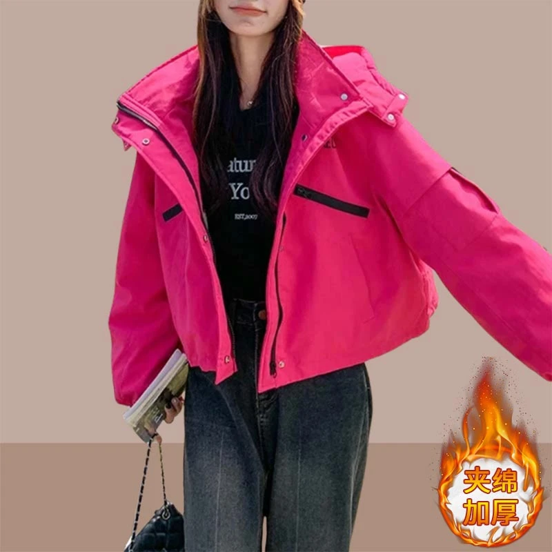 玫红色设计感冲锋衣外套女2025年秋冬季新款夹绵加厚派克服上衣潮