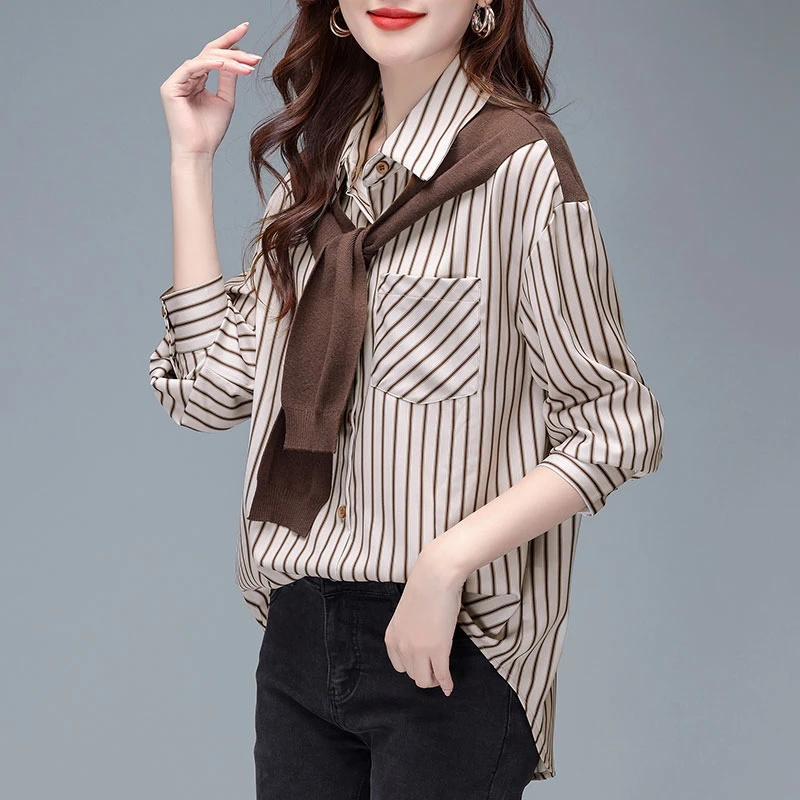 秋款女装高级感条纹衬衫女春秋小个子时尚减龄气质假两件披肩衬衣