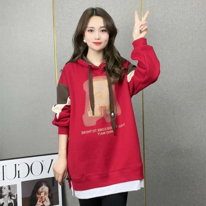 中长款卫衣女ins潮2025春秋季新款时尚连帽假两件遮屁股洋气上衣