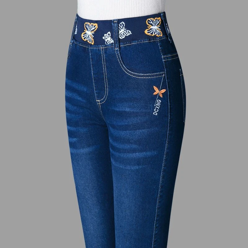 松紧腰高腰牛仔裤女春秋季新款显瘦弹力宽松女士直筒裤休闲女裤子