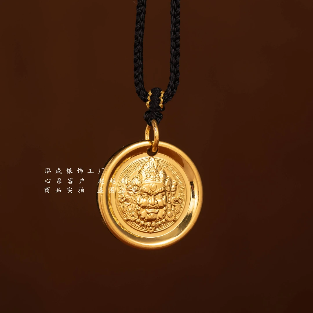 吊坠足银 亮面黄财神吊坠手工送男友金色挂坠送父亲时尚男士传承