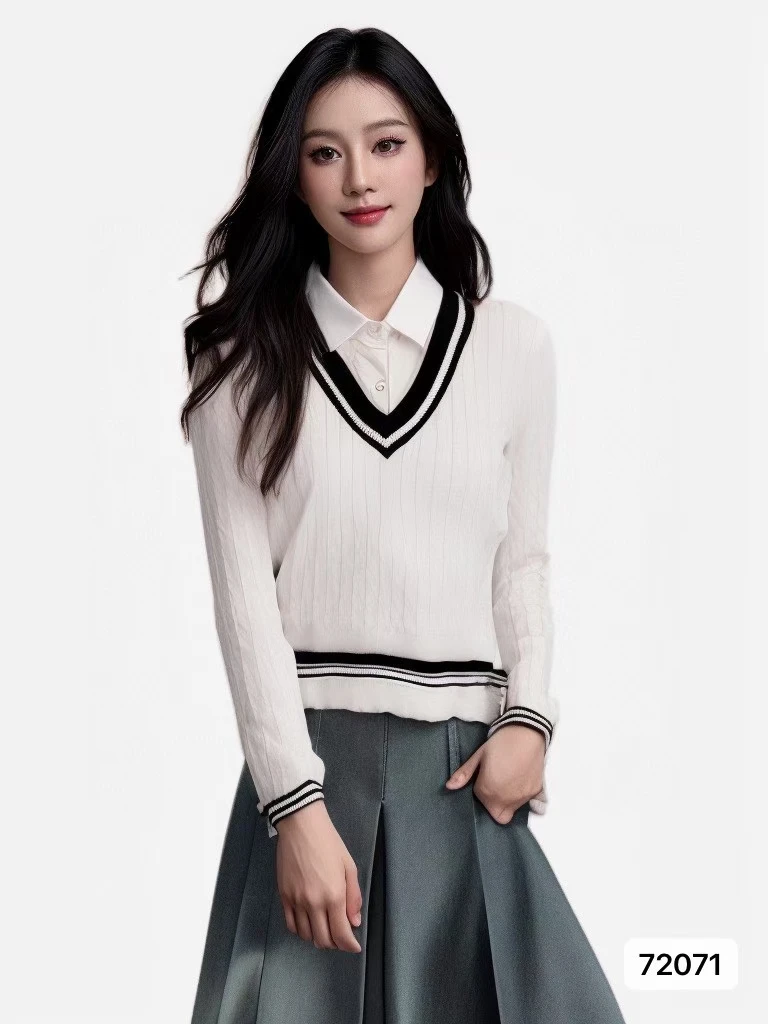 设计感假两件麻花长袖衬衫领拼接毛衣