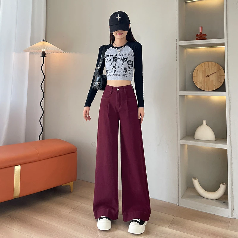 2335安可拉红直筒宽松阔腿牛仔裤女遮肉显瘦高腰收腹秋季牛仔裤女