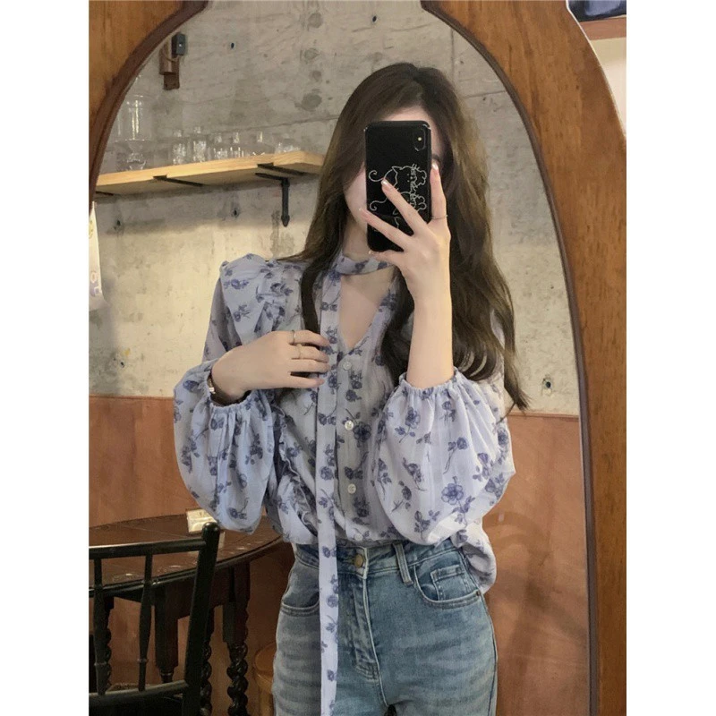 秋季轻熟法式复古衬衫女上衣新款荷叶边印花衬衣百搭领口雪纺衬衫