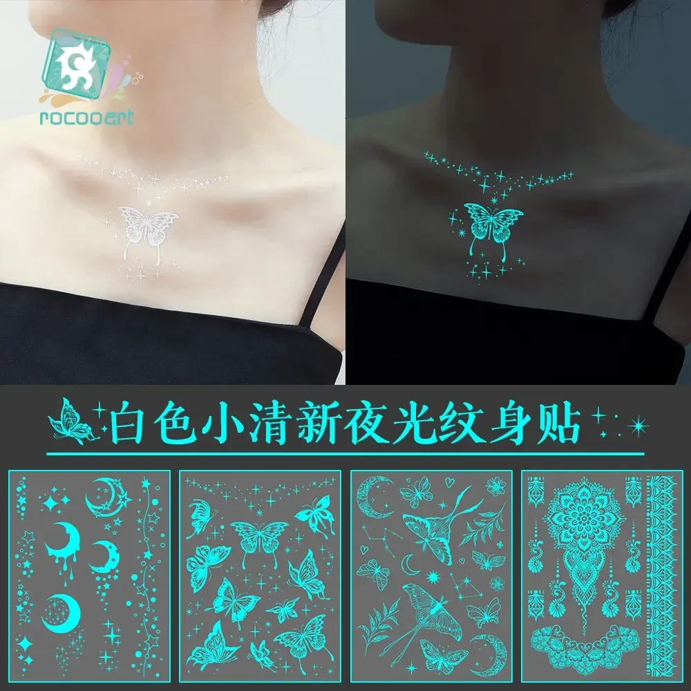海娜夜光白色蝴蝶夜光纹身贴脸贴蝴蝶手臂贴锁骨贴纸