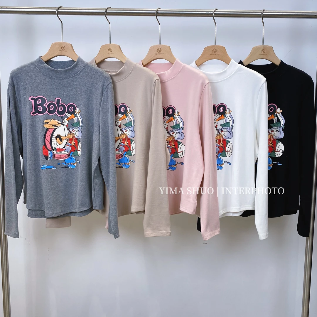 【伊妈说大码女装】百搭夏季新款胖mm显瘦卡通印花长袖加厚打底衫