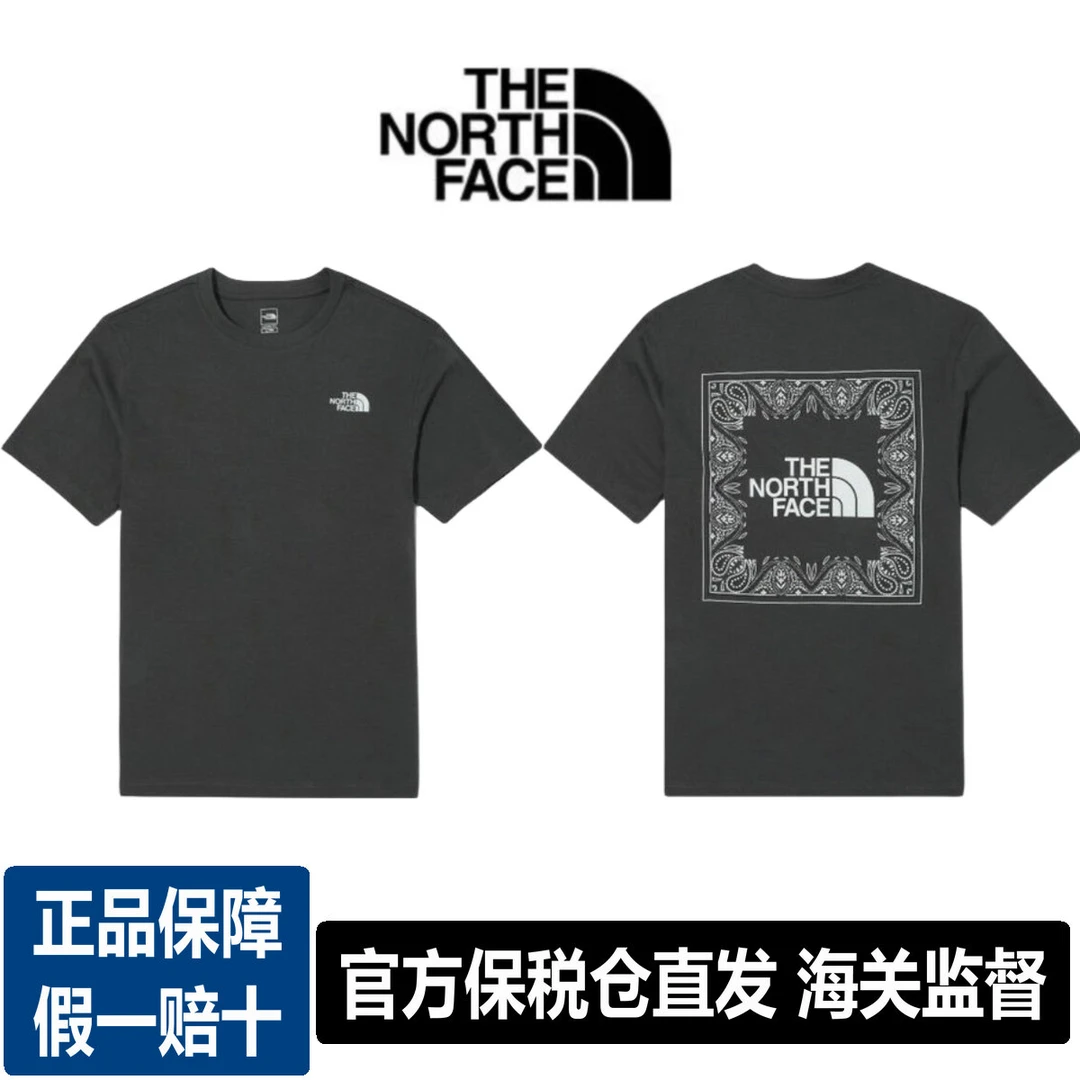 THE NORTH FACE/北面灰色腰果花短袖T恤男女圆领休闲夏季上衣