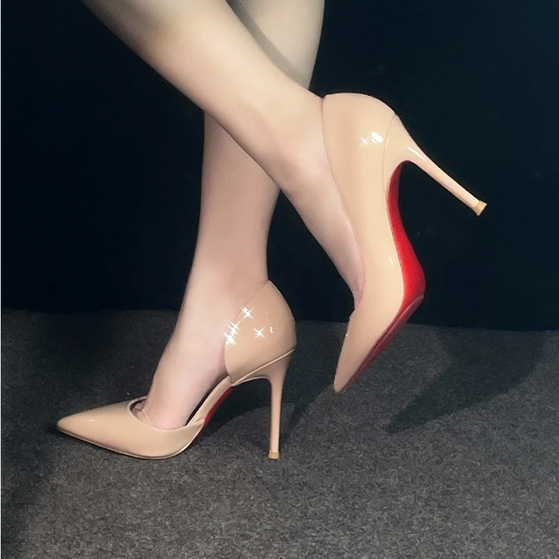 红底侧空高跟鞋细跟裸色黑色水钻2024秋冬新款性感百搭单鞋气质