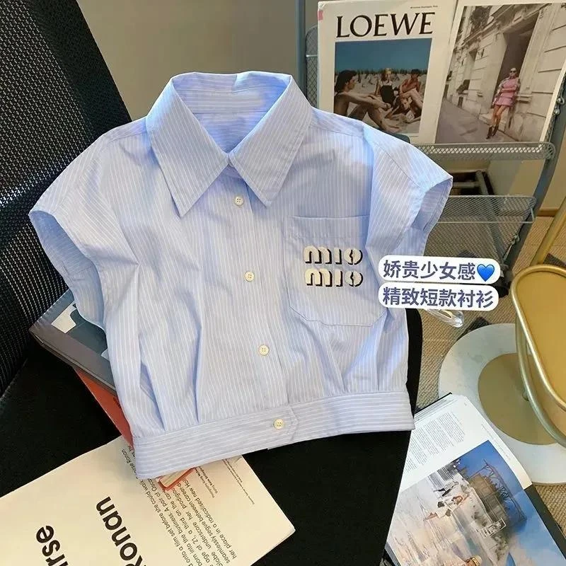女童夏季无袖衬衫2025新款儿童洋气短款条纹上衣女孩百搭休闲衬衫