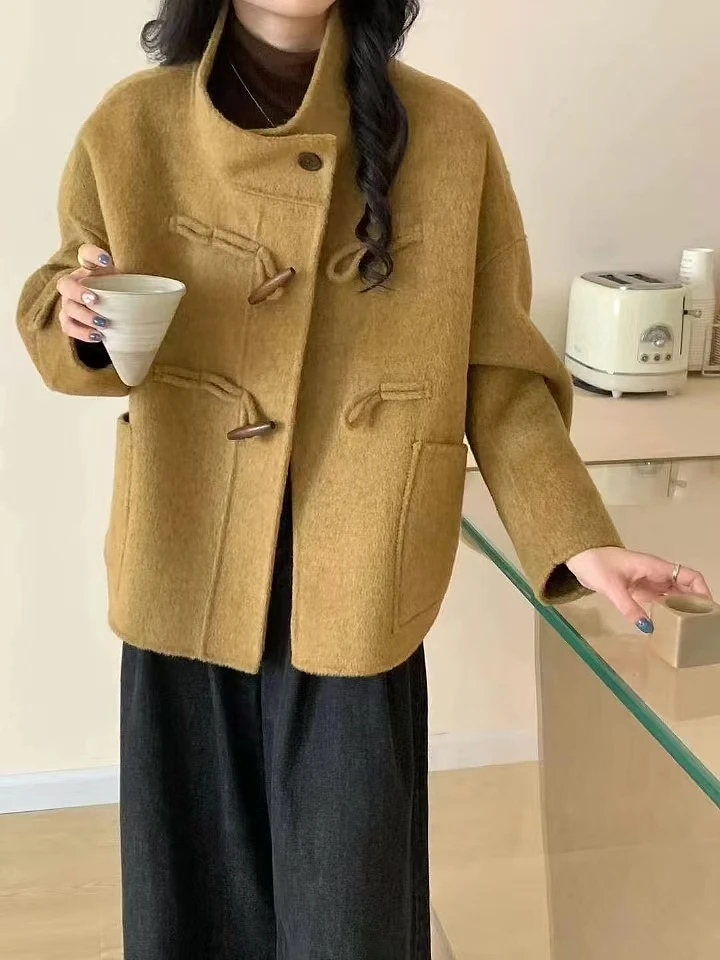 【天生丽质】新款双面呢大衣女高级感牛角扣韩版毛呢外套