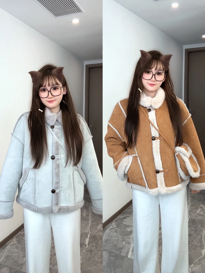 【送包包】时尚慵懒风设计感拼接立领机车服冬季新款加绒短外套女