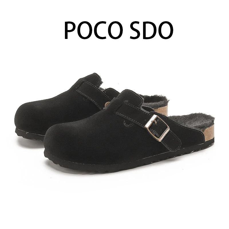 POCO SDO勃肯鞋加绒包头拖外穿懒人半拖鞋女秋冬季真皮毛毛棉拖鞋