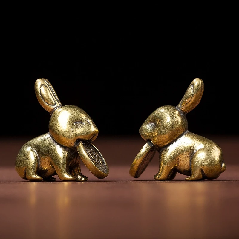 创意黄铜复古小兔子摆件汽车装饰品桌面茶宠咬钱兔铜手把件工艺品