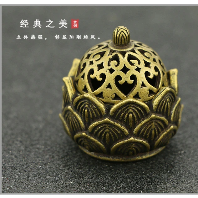 迷你大莲花香炉镂空黄铜摆件黄铜微雕小铜炉手把件古玩铜器铜雕件