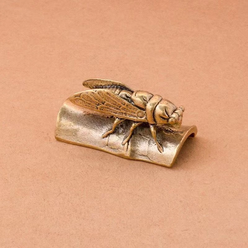 黄铜知了摆件纯铜蝉镇纸一鸣惊人压纸文房书房客厅办公室摆设仿古